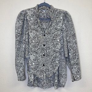 Vintage Balloon Sleeve Abstract Print Top